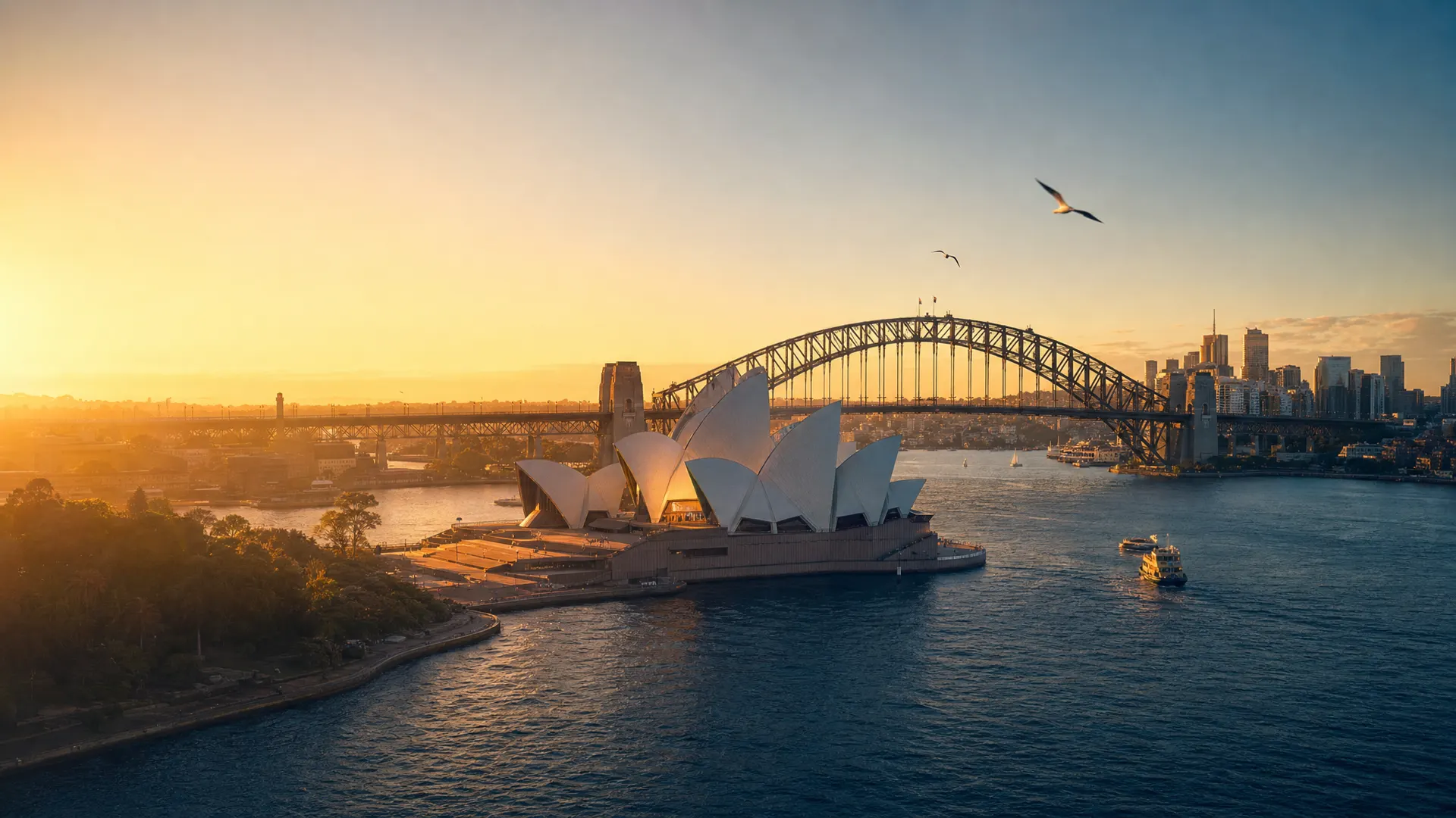 Sydney Harbour at golden sunrise — your next chapter in Australia